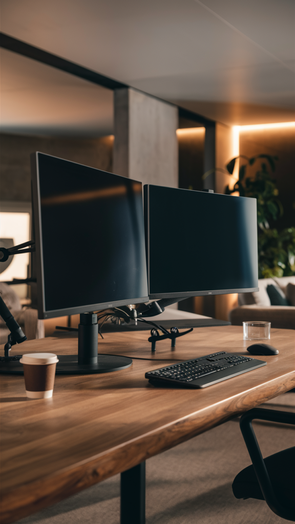 Sleek modern home office setup with a dual-monitor desk configuration