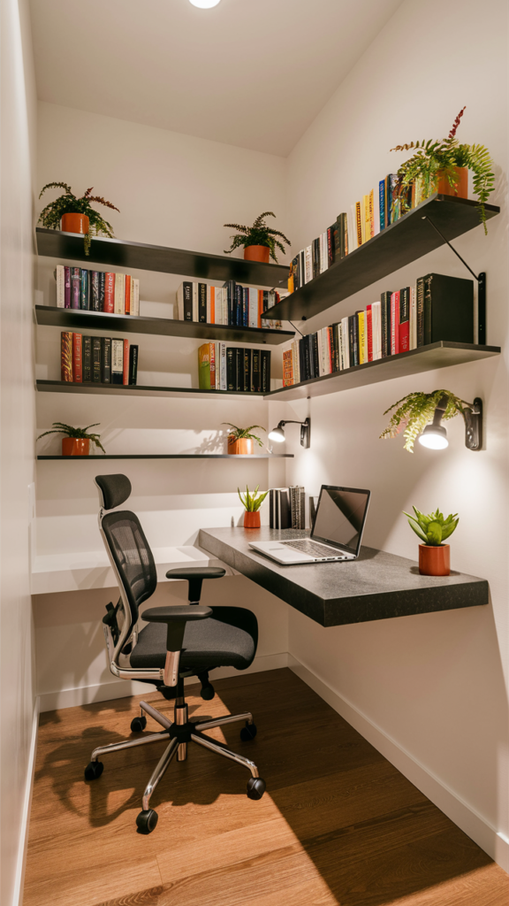 Minimalist floating desk setup mounted directly to the wall