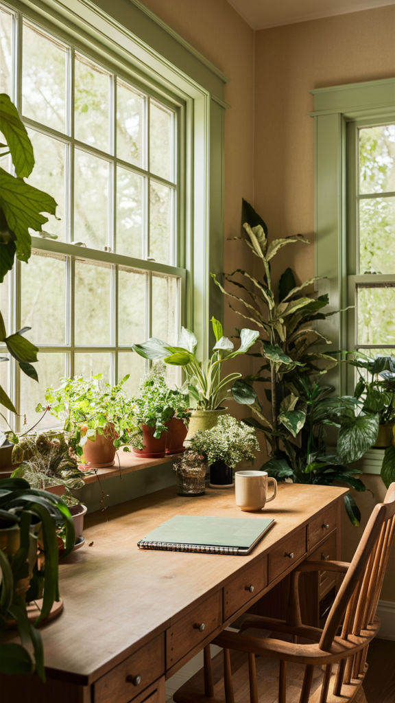 Serene nature-inspired home office with plants and natural light