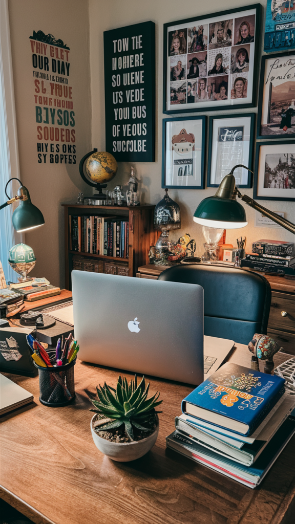 Cozy and personalized home office setup with meaningful decor