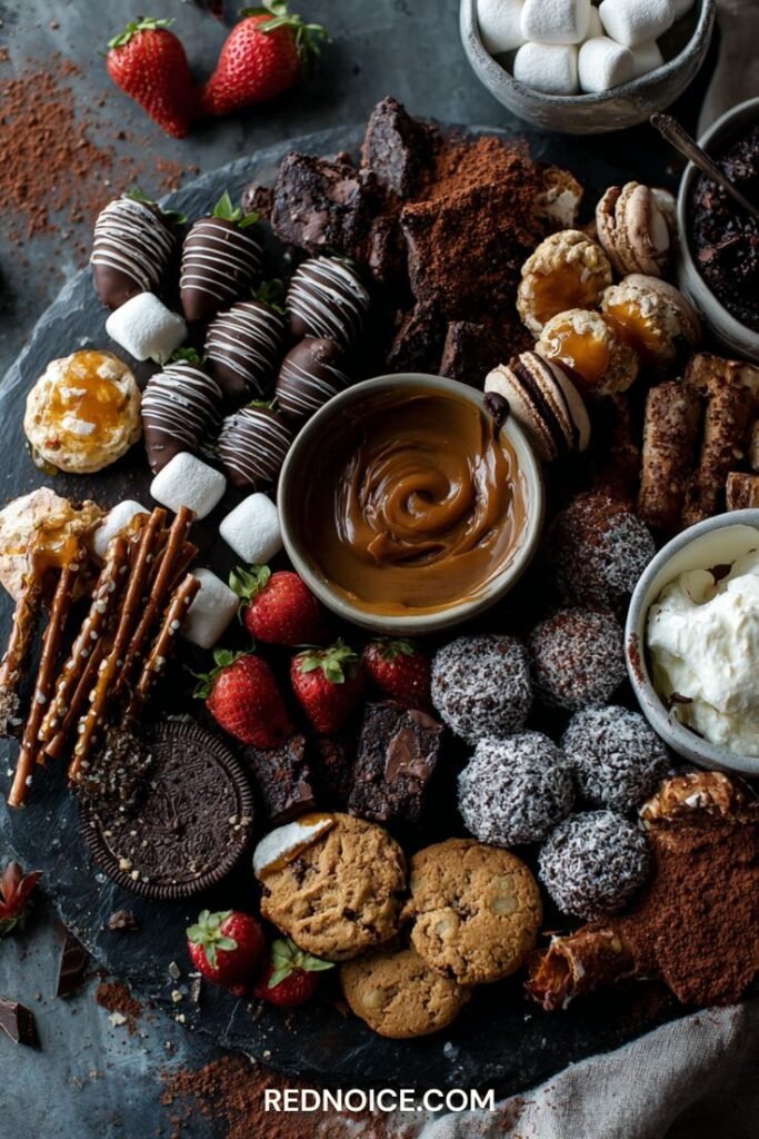 Dark dessert board with chocolate-dipped strawberries, caramel dip, brownies, macarons and coconut-dusted chocolate truffles
