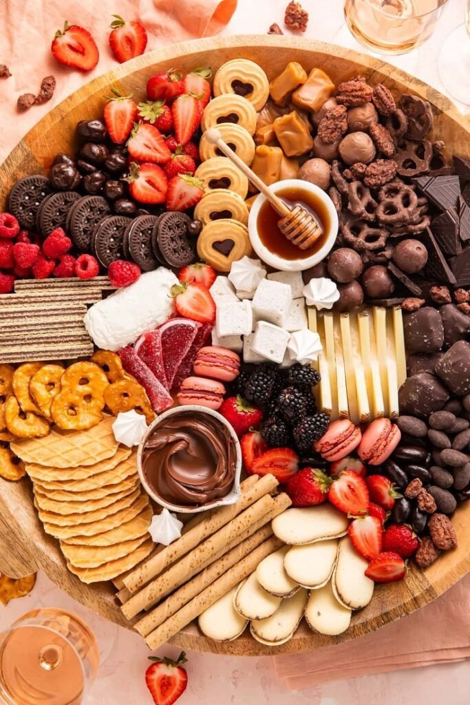 Elegant dessert board with macarons, chocolate truffles, meringues, caramel dip, fresh berries and assorted chocolates on a wood board