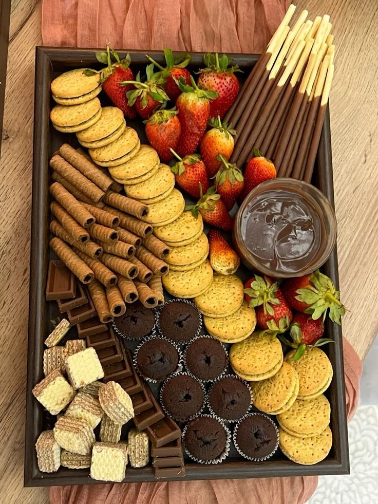 Dark tray dessert board with chocolate-dipped wafer rolls, shortbread cookies, strawberries, chocolate Nutella dip and chocolate cupcakes