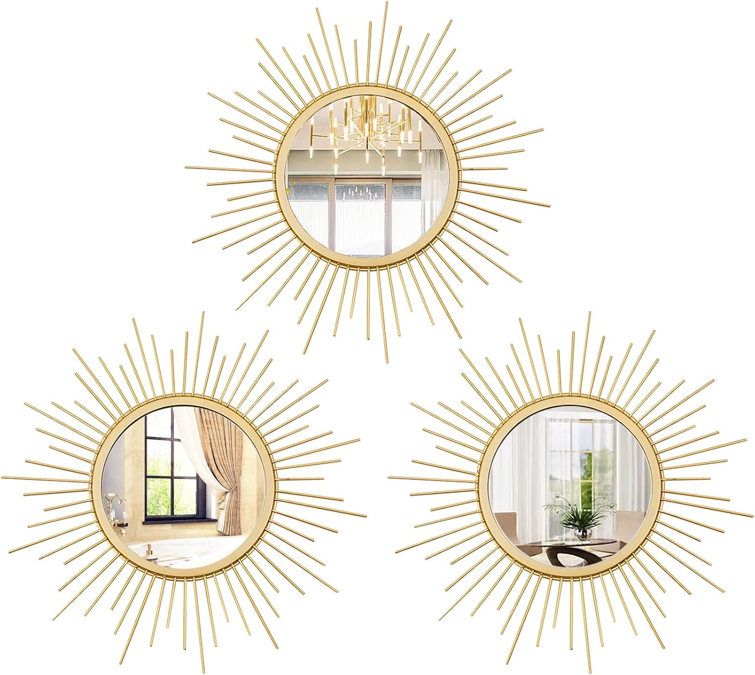 Sunburst Round Wall Mirrors, Set of 3, Gold