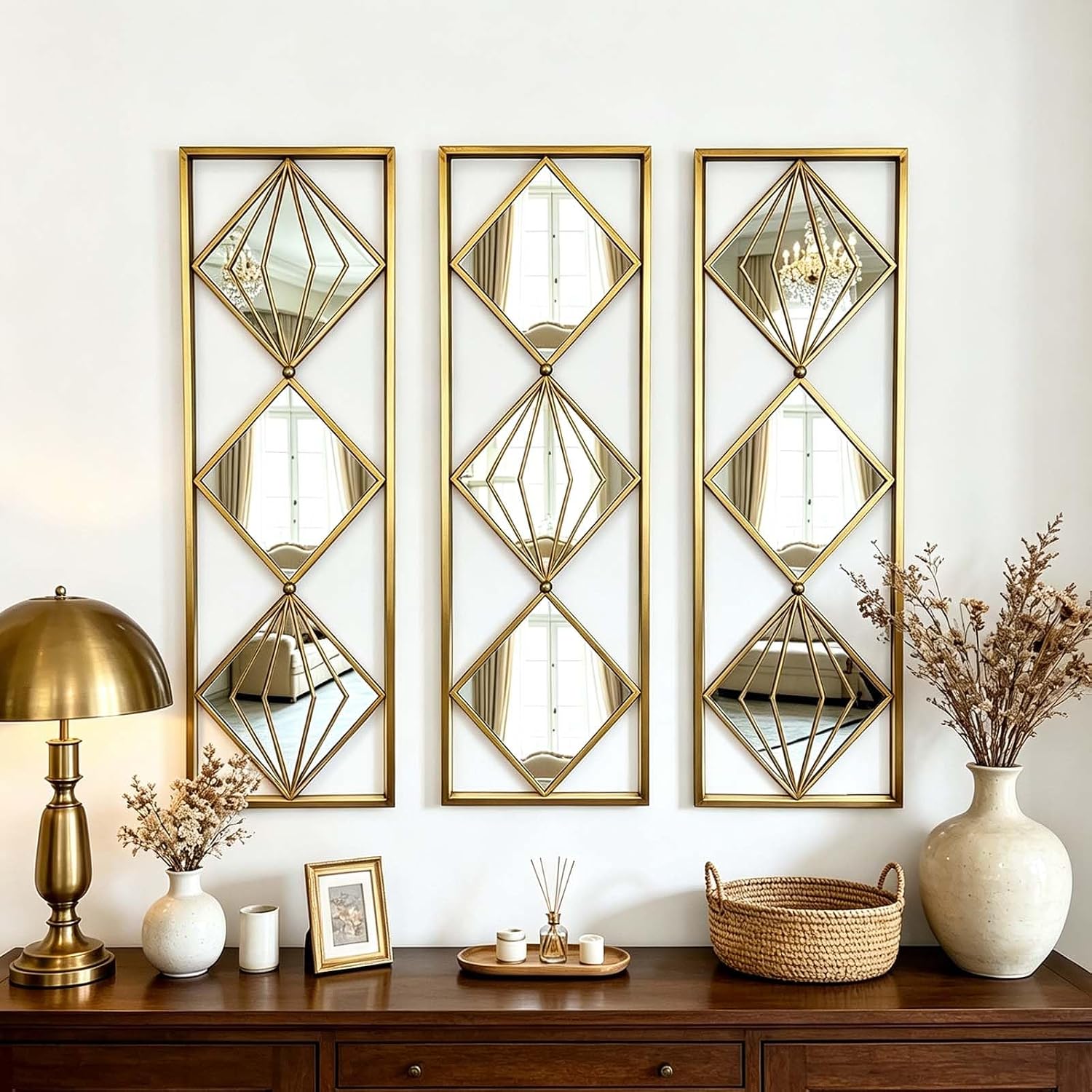 Set of 3 Gold Geometric Wall Mirrors with Metal Frames