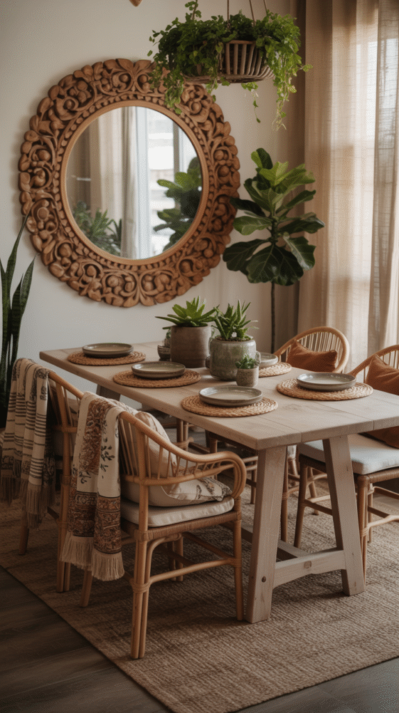Carved wood mirror bringing craftsmanship and warmth to the dining room