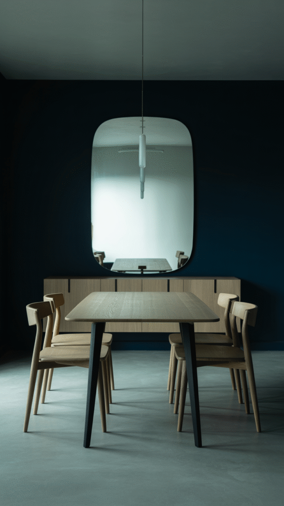 Frameless beveled mirror offering understated dining room elegance