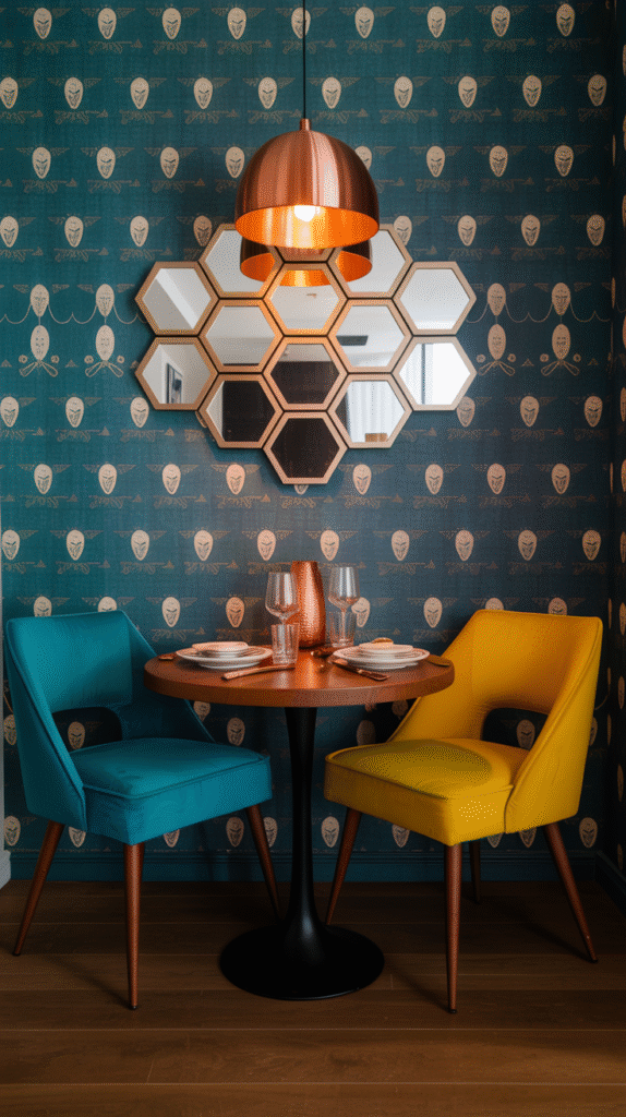 Geometric mirror set creating a gallery-wall effect in the dining room