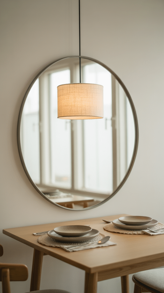 Minimalist round mirror softening a dining room's sharp angles