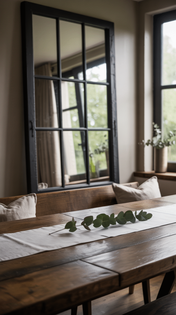 Windowpane-style mirror grid adding architectural interest to the wall