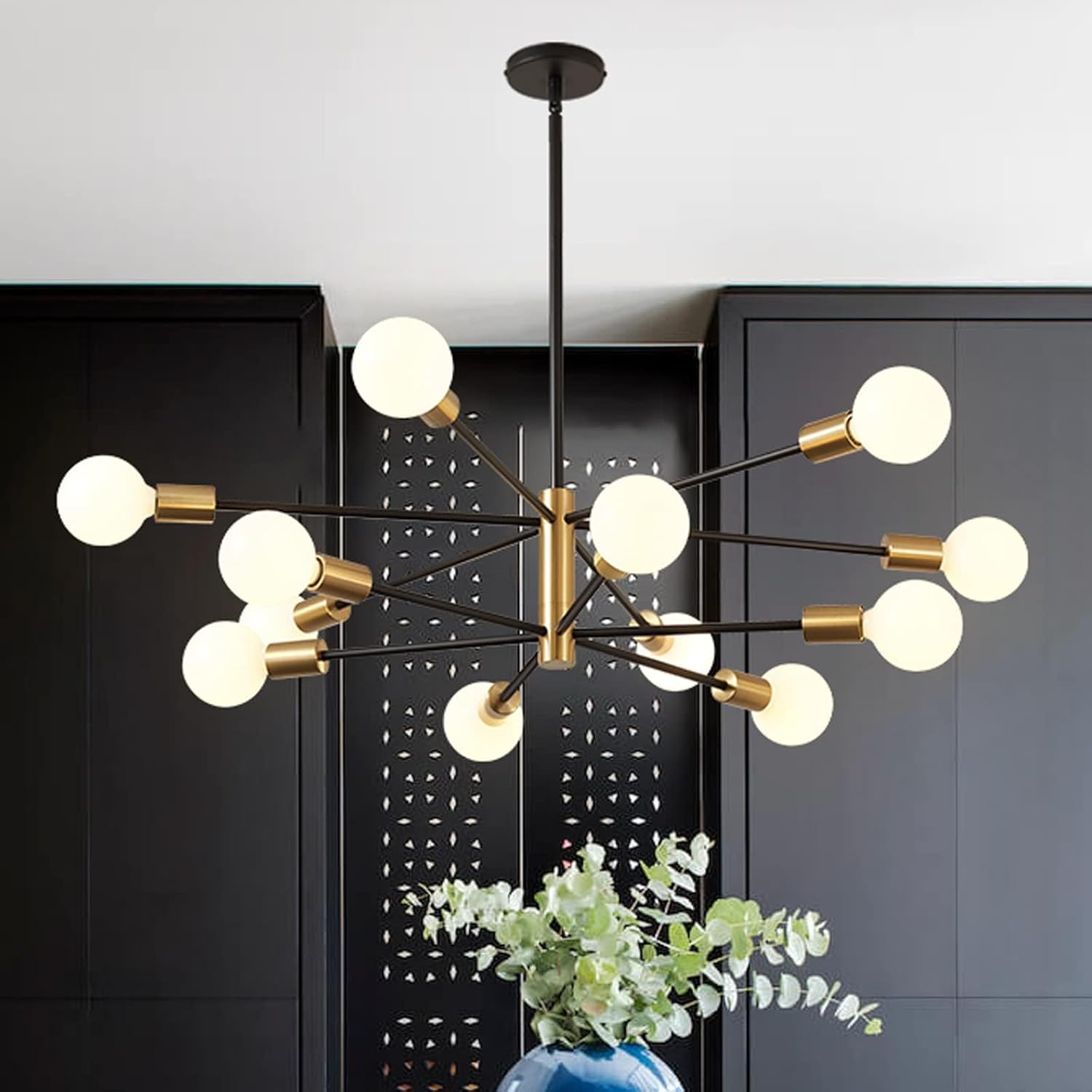 RUIYEY Modern Sputnik Chandelier, 12-Light, Gold and Black, 33.4 Inch