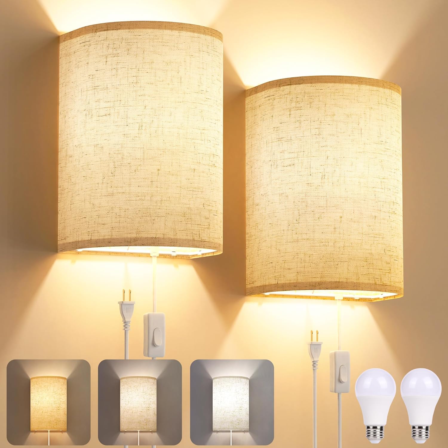 Yunaking Plug-In Wall Sconces, Set of 2, with On/Off Switch