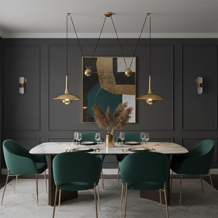 Dining room with a statement ceiling and a gold pendant light fixture