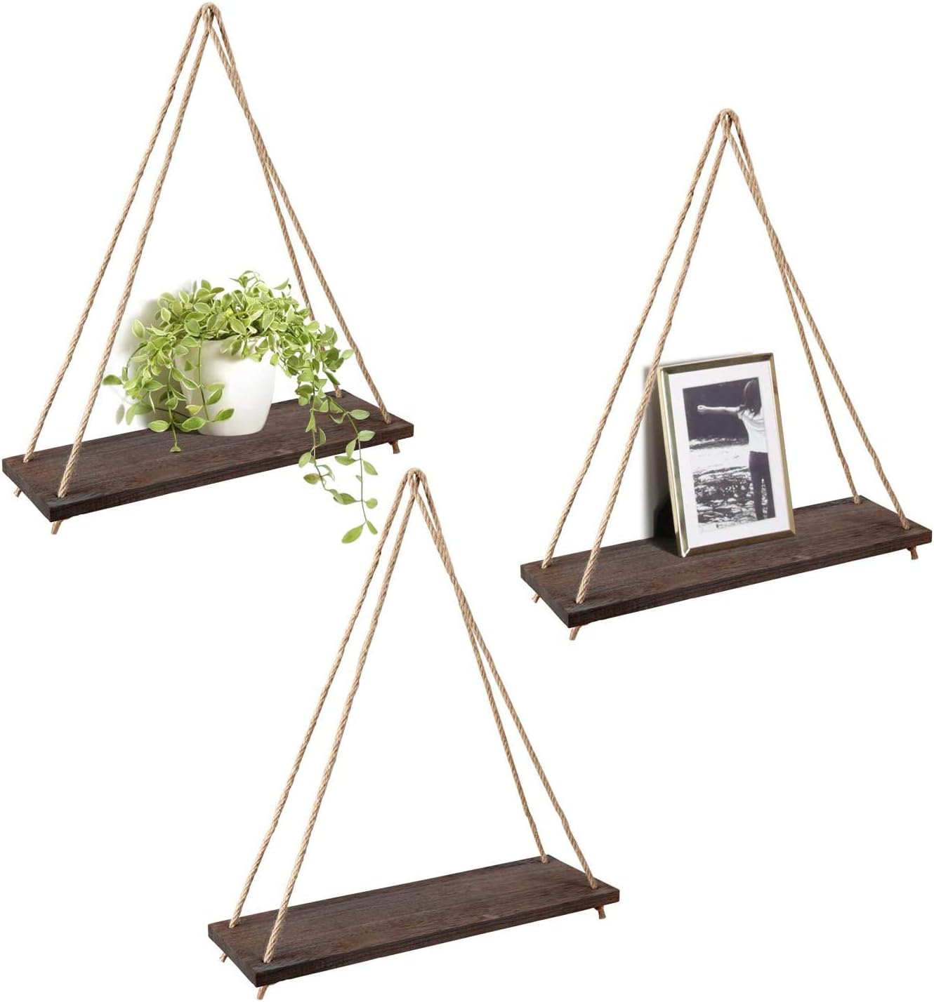 Mkono Wood Hanging Rope Swing Shelves, Rustic Boho Decor, Set of 3