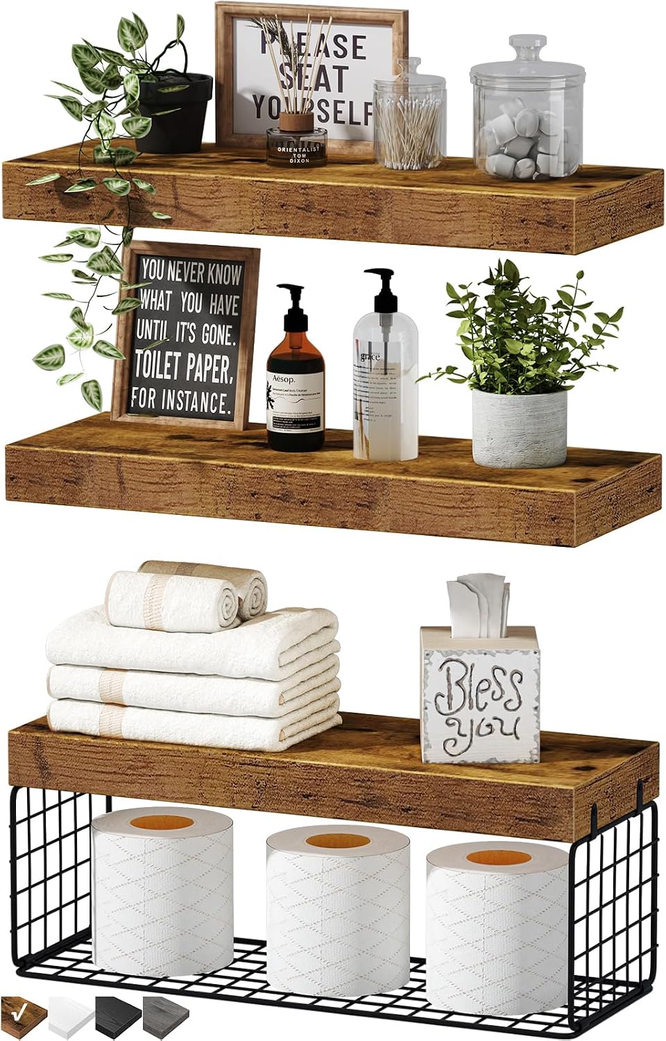 QEEIG Over the Toilet Wall Mounted Shelves, Brown, Set of 3, 15.7 Inch