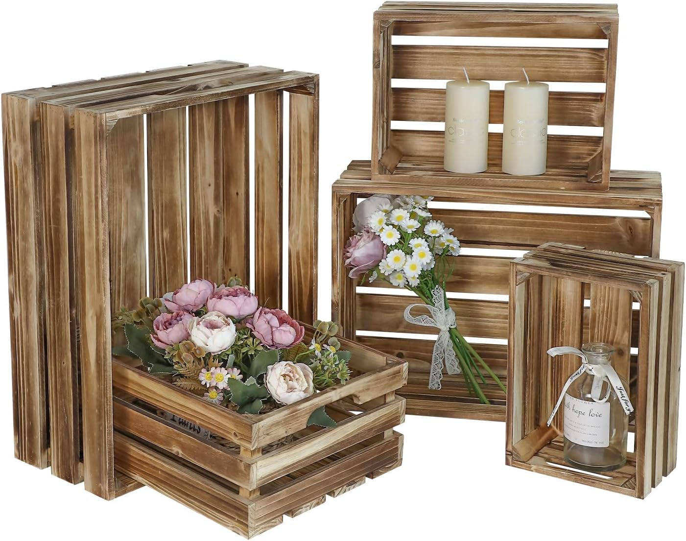 Set of 5 Large Wooden Crates, Nesting Storage Crates with Handles