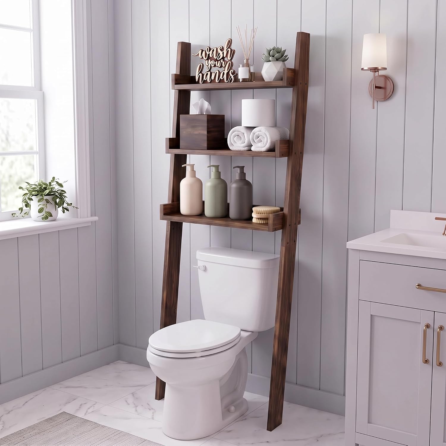 WOPITUES 3-Tier Wood Over-the-Toilet Ladder Shelf