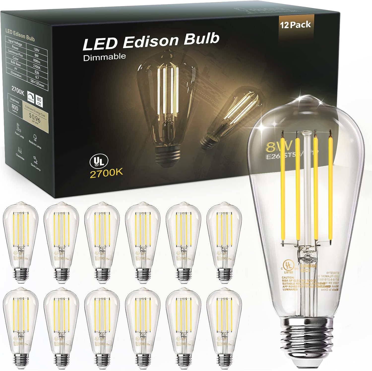 TJOY Edison LED Light Bulbs, 12 Pack, E26, 8W, 2700K, Dimmable