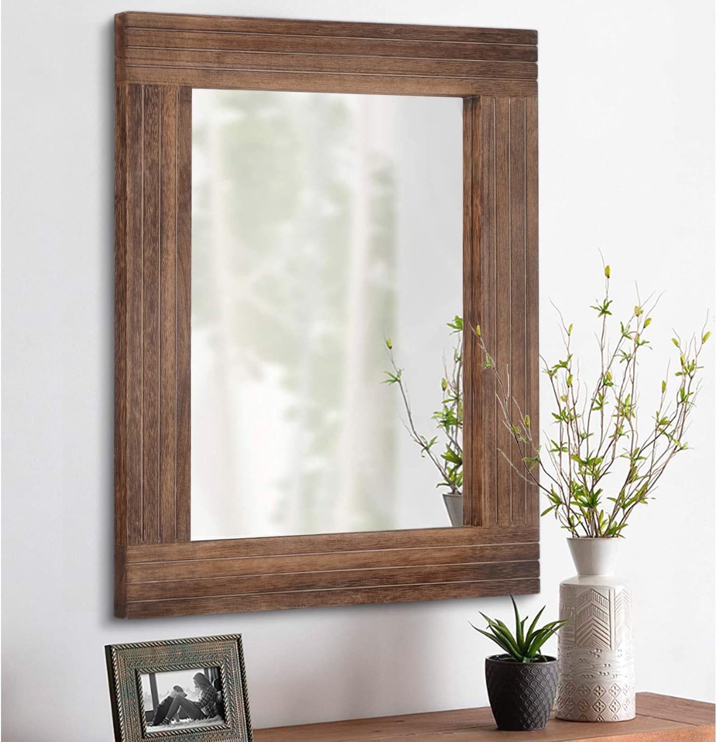 Rustic Vintage Wood Framed Rectangular Mirror, Farmhouse Decor
