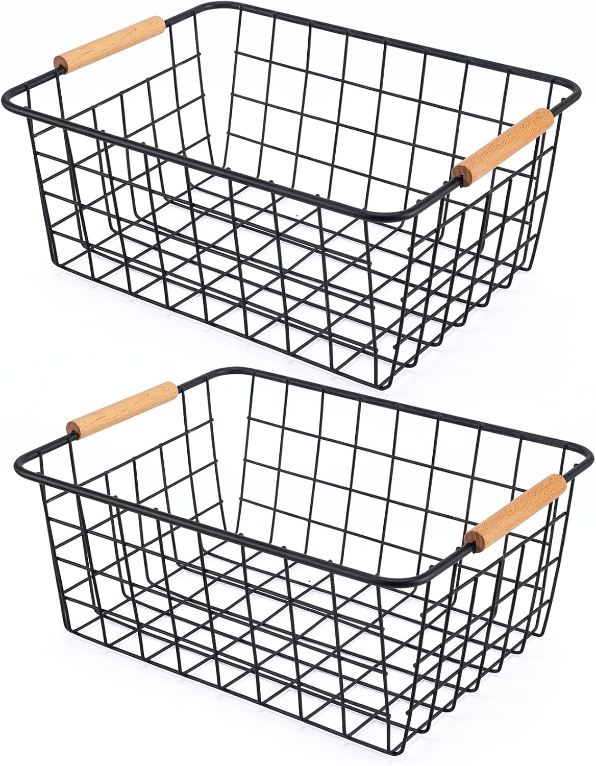 Black Wire Storage Baskets with Wooden Handles, 2 Pcs