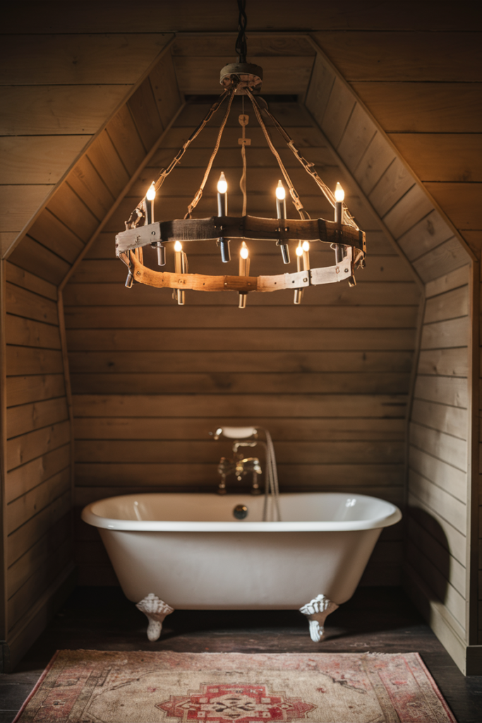 Farmhouse-style light fixtures in a vintage-inspired bathroom