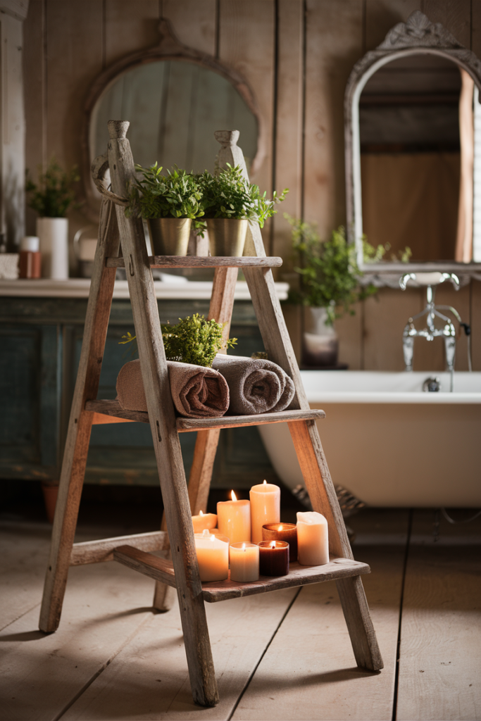 Ladder shelf styled with towels and decor in a farmhouse bathroom