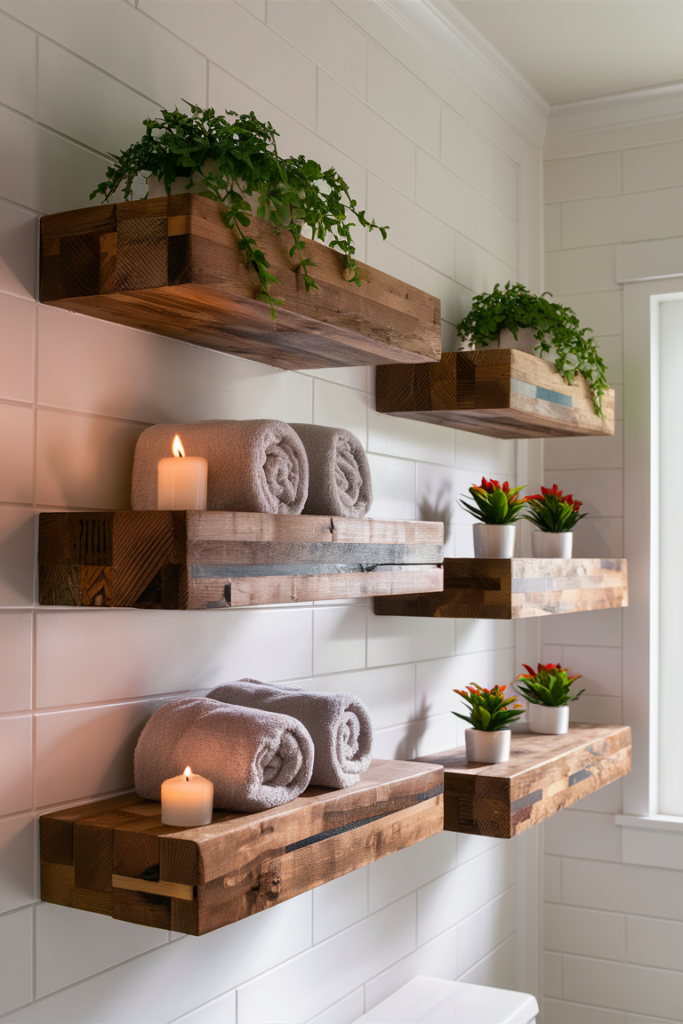 Reclaimed wood shelves mounted with black metal brackets in a bathroom