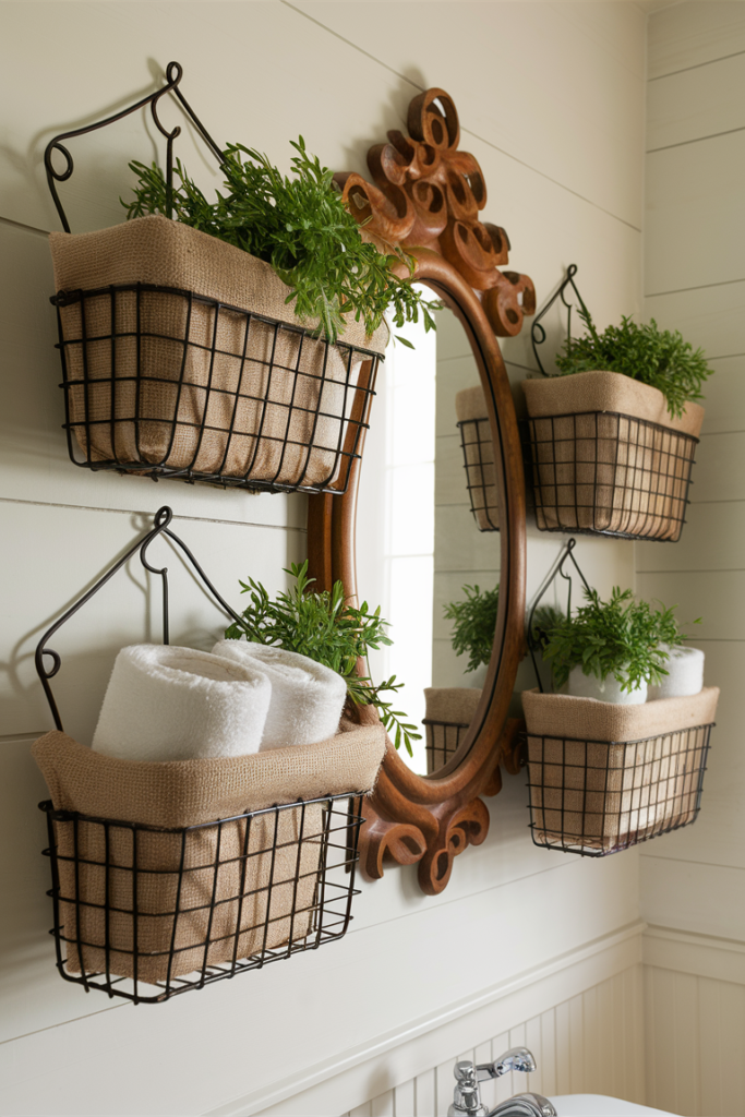 DIY wire basket towel holders mounted on a bathroom wall