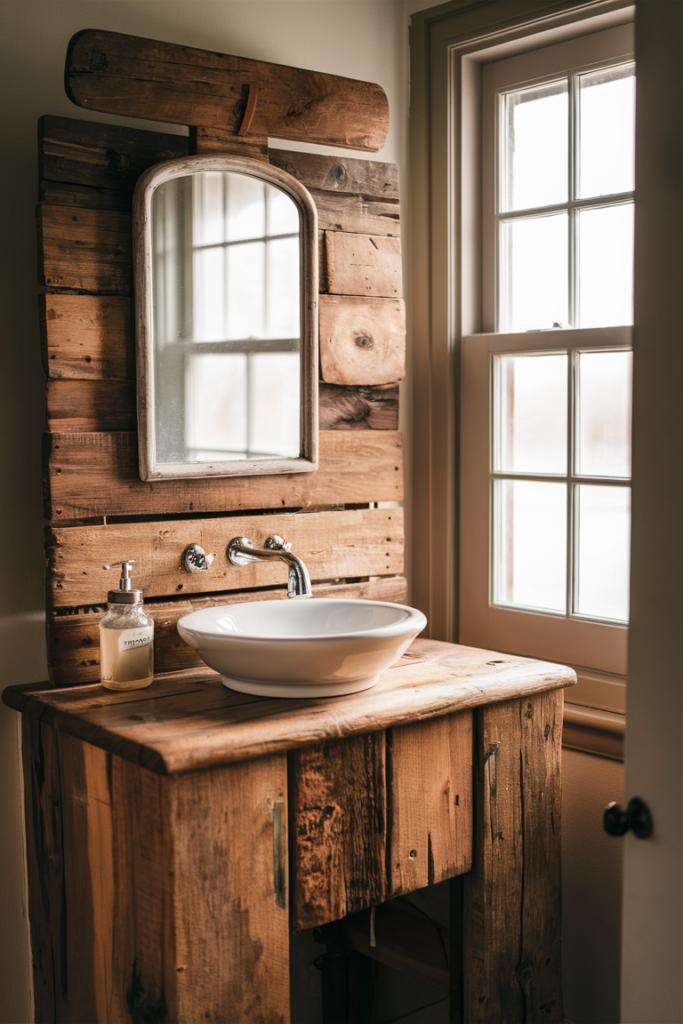 Rustic reclaimed wood vanity built as a DIY farmhouse bathroom project
