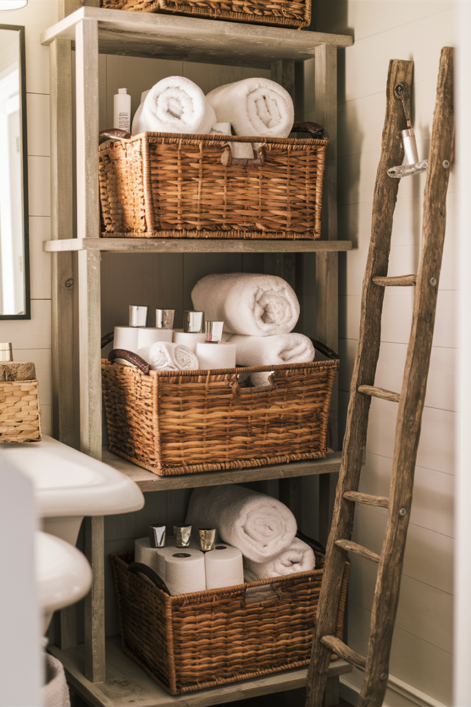 Woven storage baskets in a cozy farmhouse bathroom