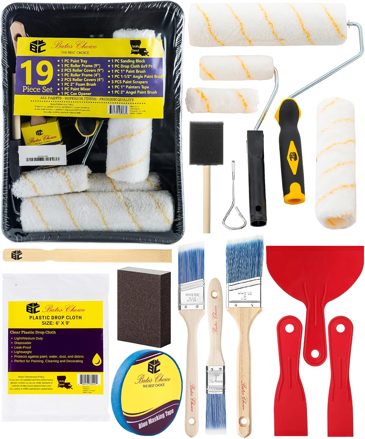 Bates Paint Roller Kit, 19 Pcs, with Microfiber Sleeves and Frame