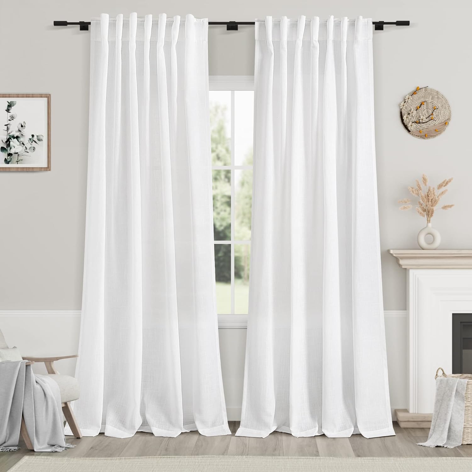 Nanspring White Linen Curtains, 84 Inches, Back Tab, Light Filtering