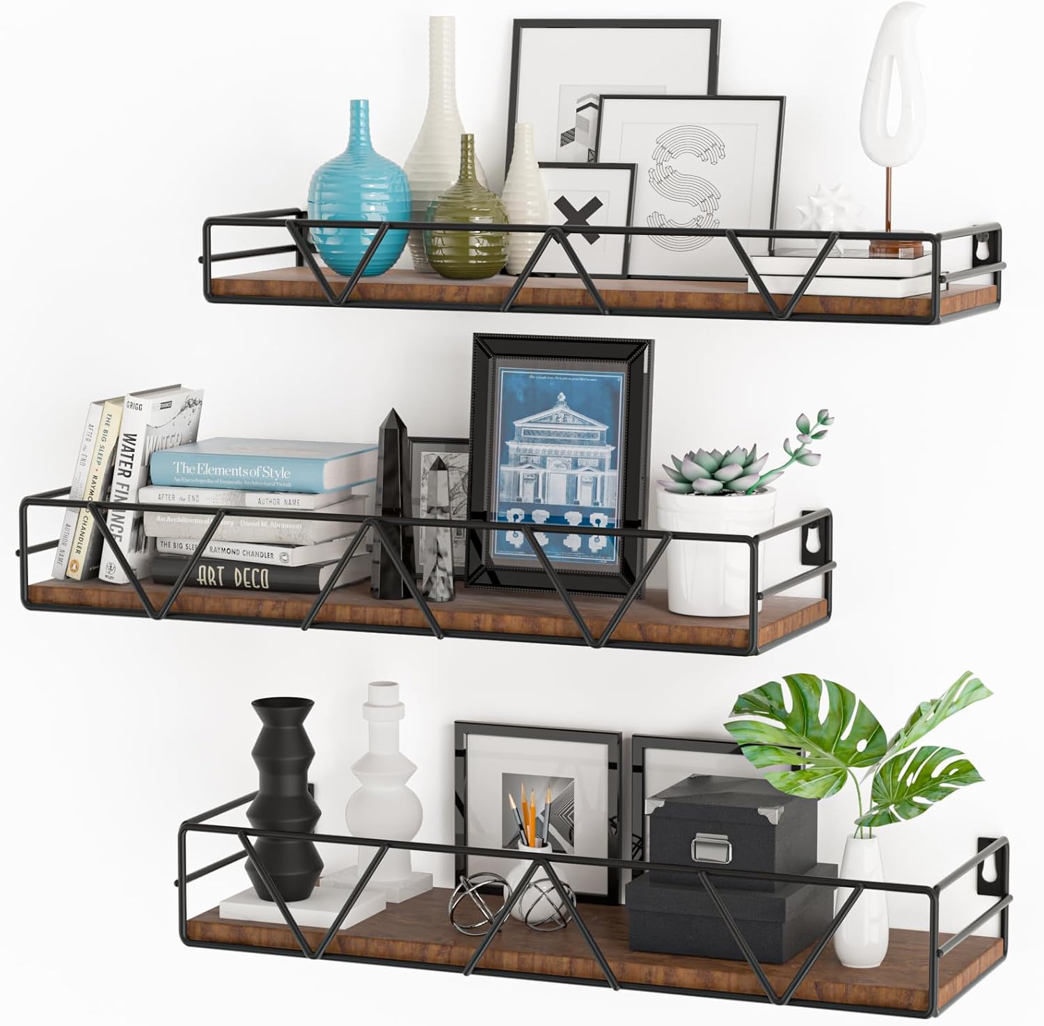 Wood Floating Wall Shelves, Set of 3, Farmhouse Style