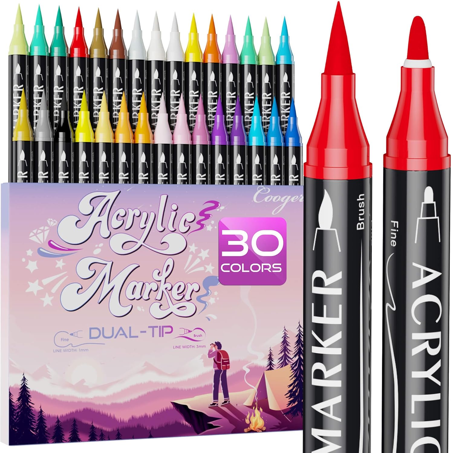 Coogert 30 Colors Dual Tip Acrylic Paint Markers, Fine and Brush Tips