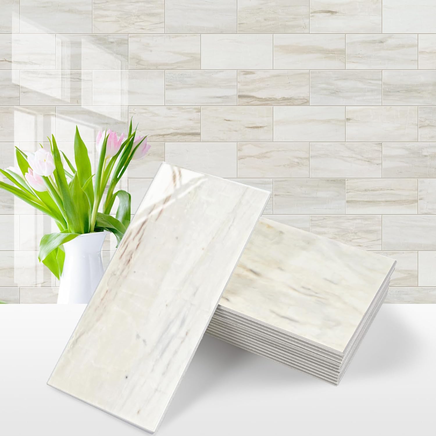 Vamos Tile Glossy Marble Grain Peel and Stick Backsplash Tile, 100 Pieces