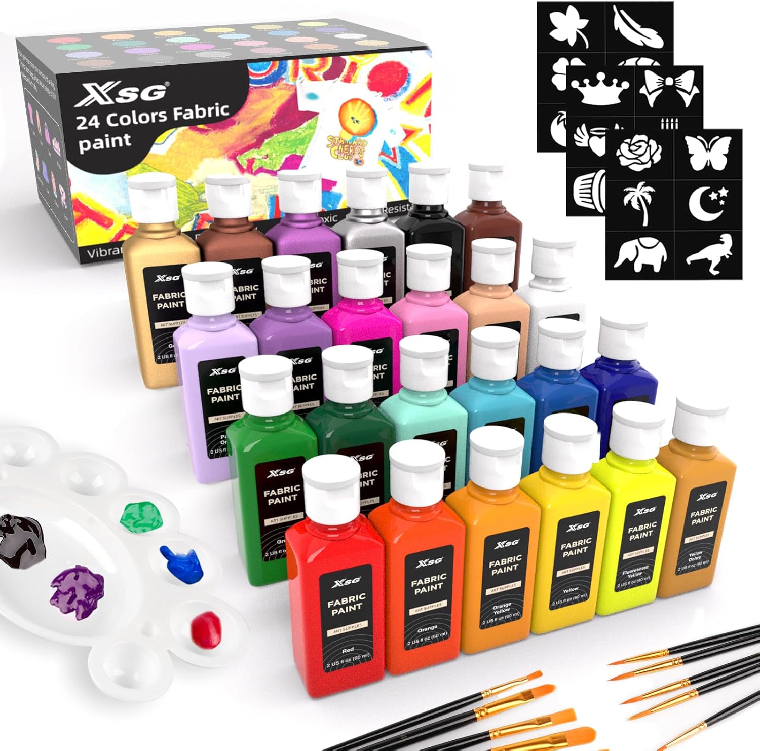 Permanent Fabric Paint for Clothes, 24 Colors, with Brushes and Stencils