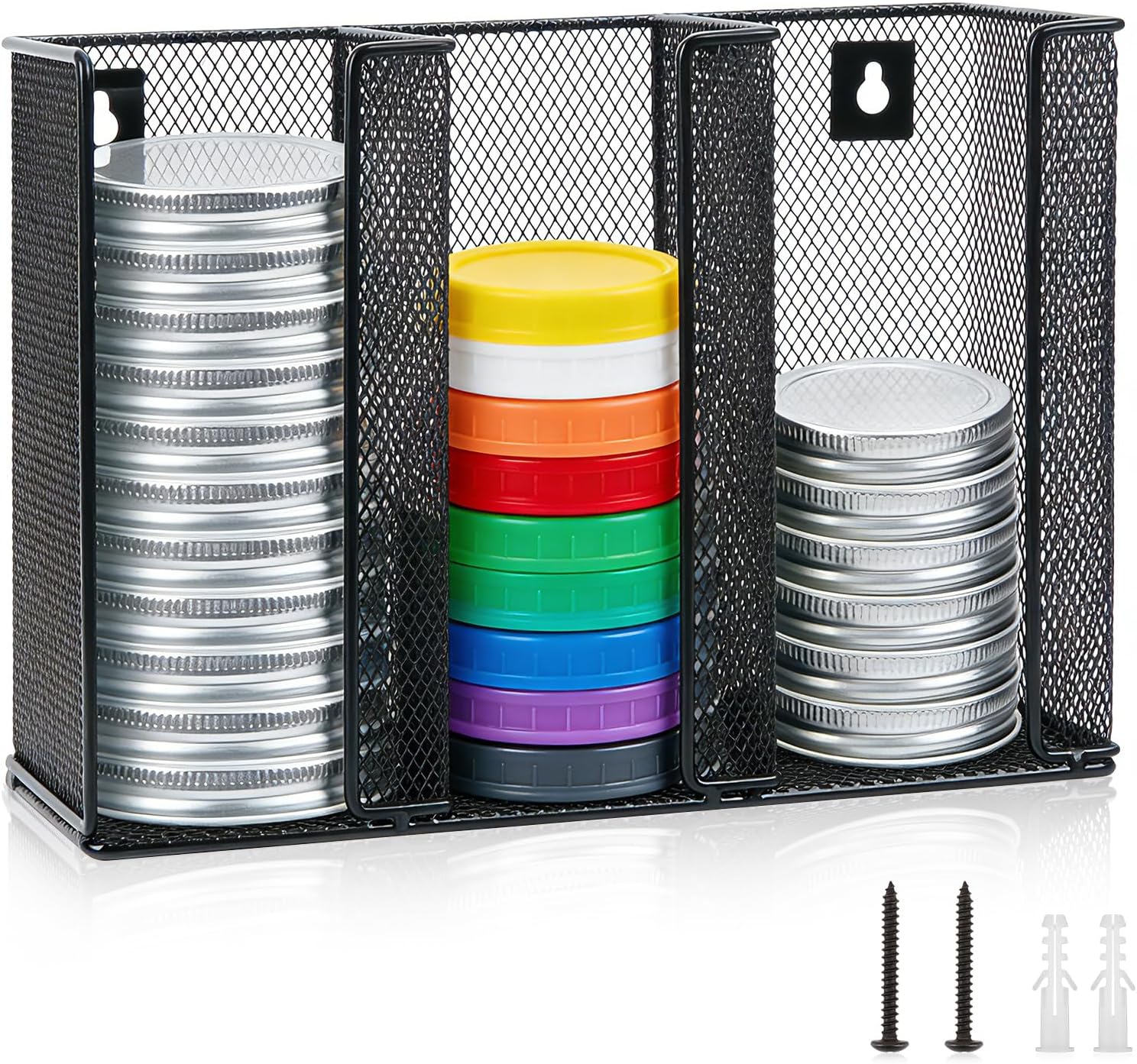 Wall Mounted Mason Jar Lid Organizer, 3-Compartment Metal Holder