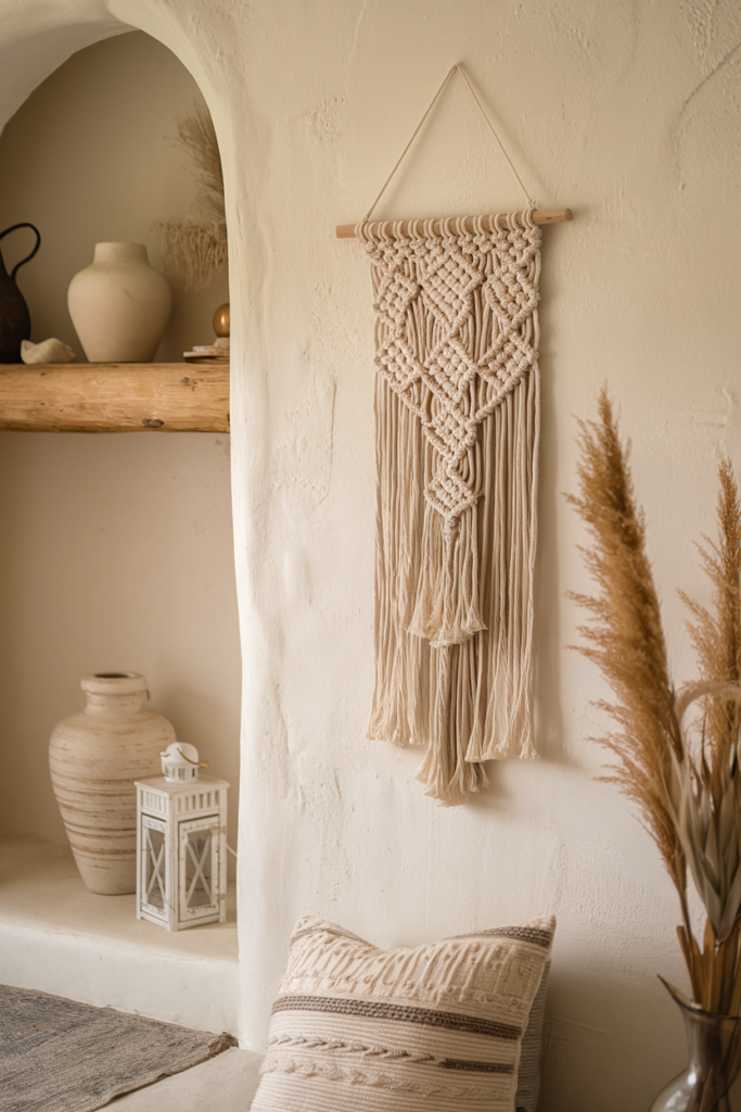Macramé wall hanging adding texture to a bare wall