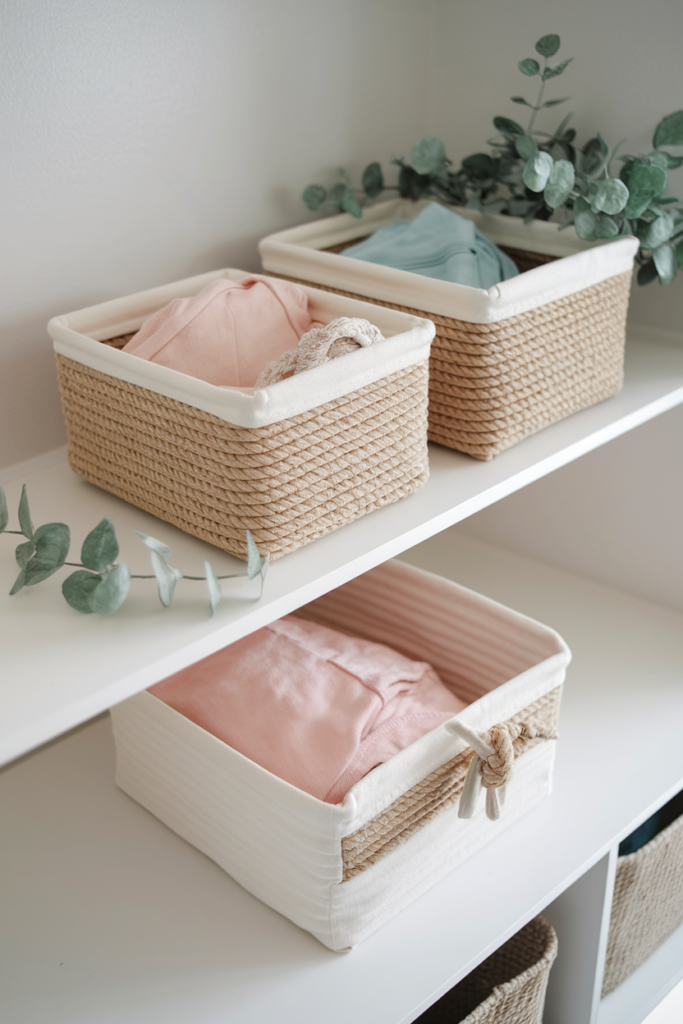 Rope-wrapped storage baskets adding texture and style