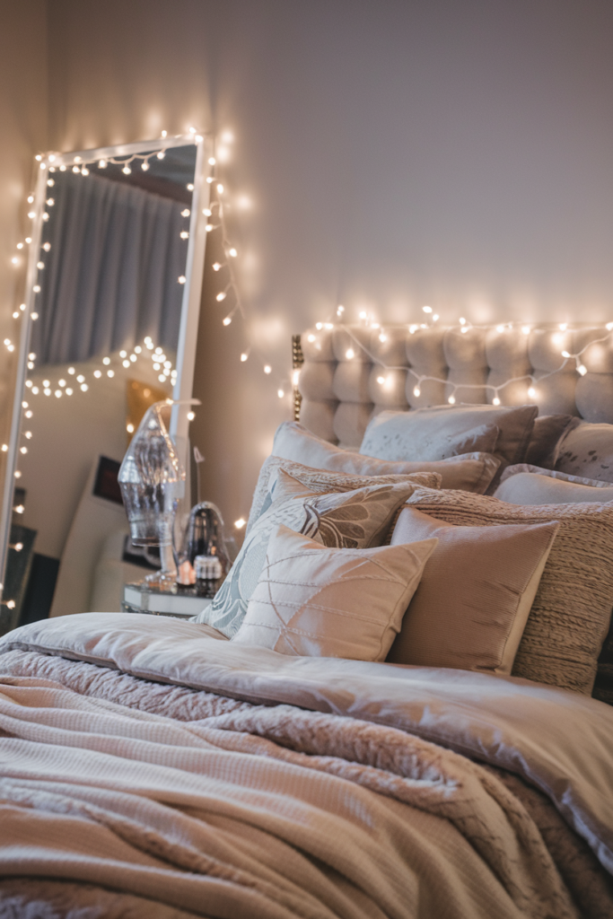 String lights creating warm ambiance in a cozy room