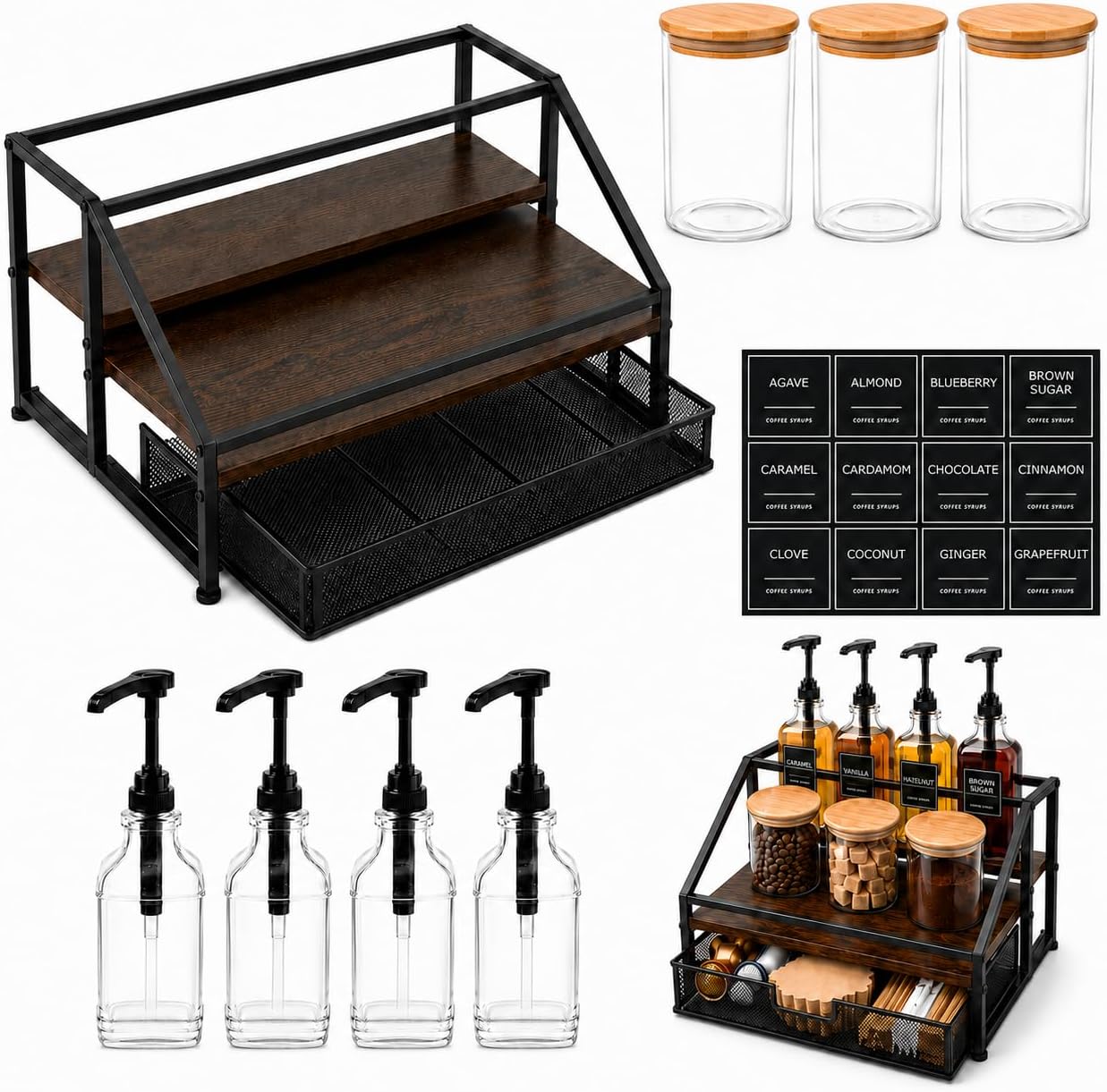 Coffee Bar Syrup Dispenser Set, 4 Pack, 16.9 oz Glass Bottles with Pumps