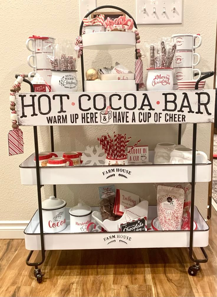 Hot cocoa bar cart setup offering mobile, tiered styling