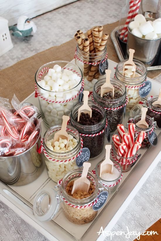 Cozy hot cocoa bar styled with warm winter touches