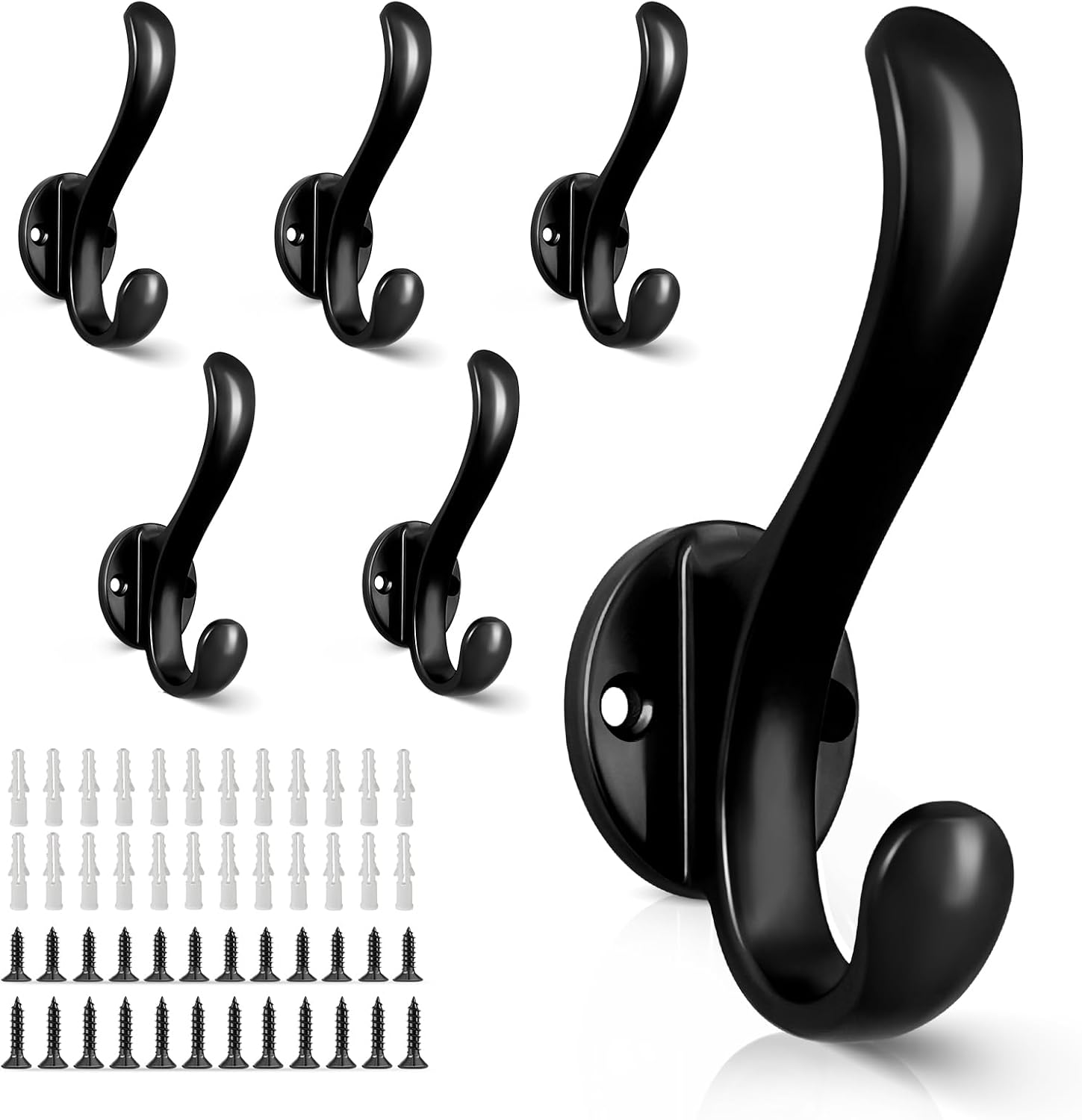 Black Double Coat Hooks, 6-Pack
