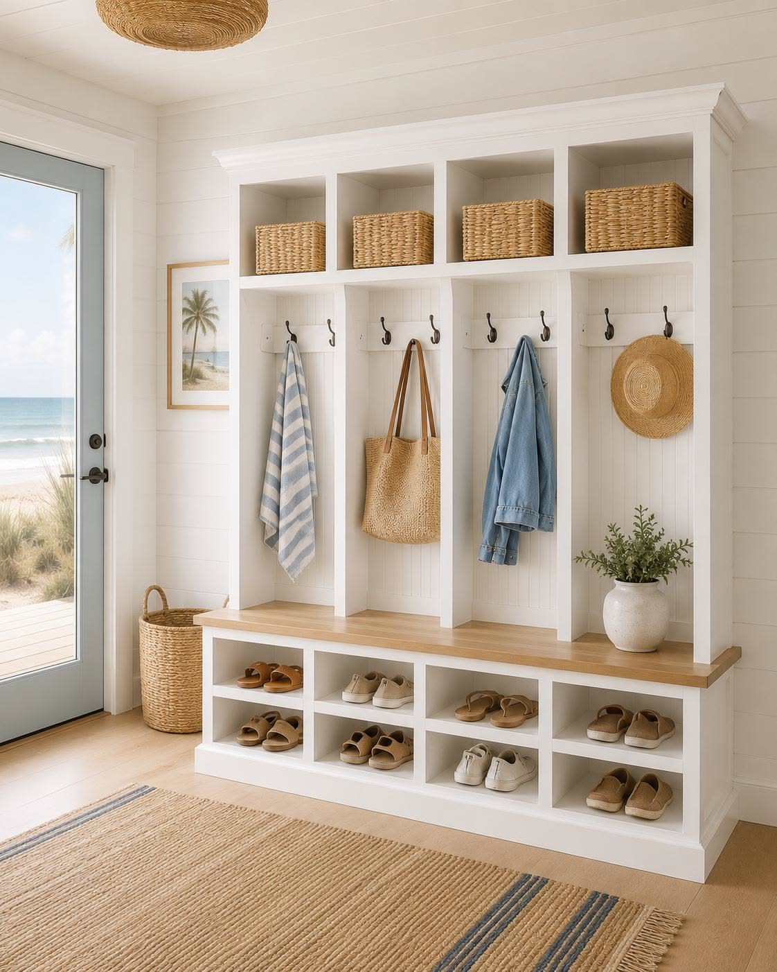 A white coastal mudroom locker with basket cubbies, hooks and sandal storage beside a beach door