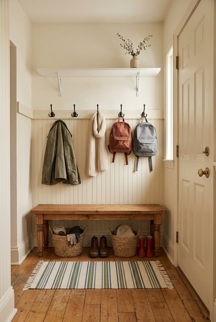 Five black hooks under a white bracket shelf holding a parka, scarf and two backpacks