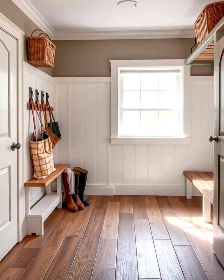 A white wainscot mudroom with a short wall bench, hooks and rain boots on the floor