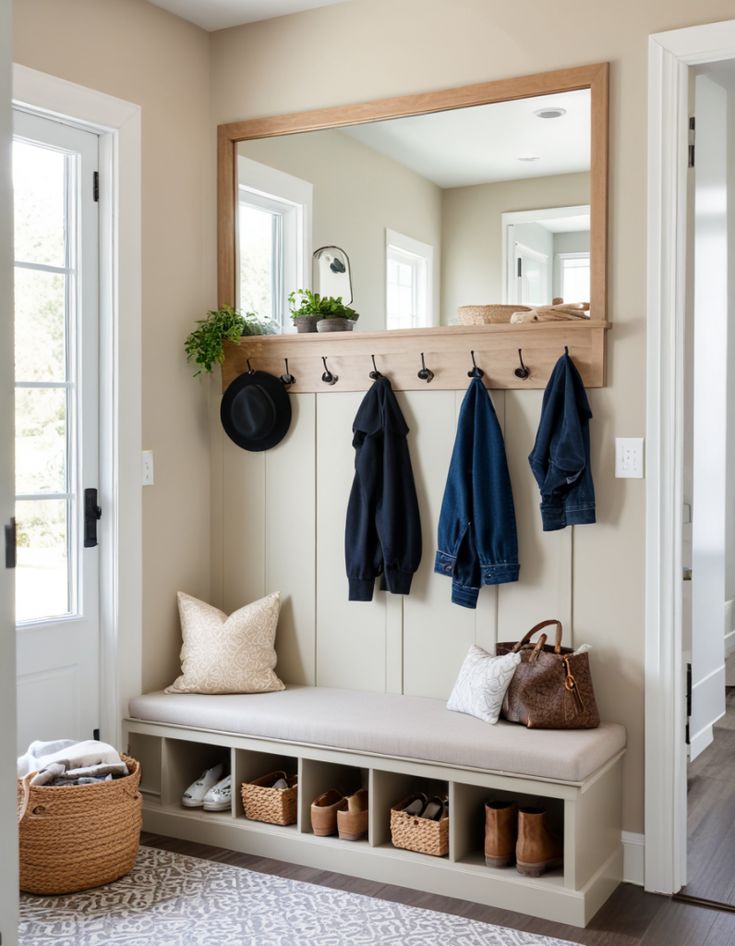 A wood-framed mirror above a hook rail with a cushioned bench and shoe cubbies below