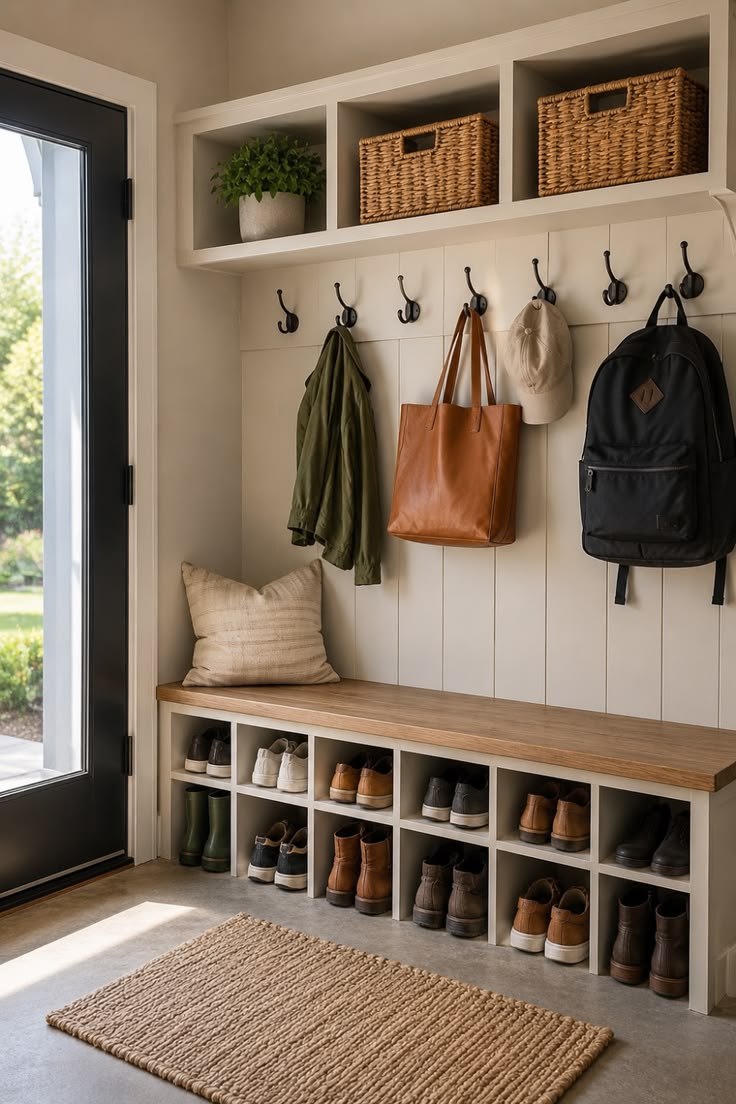 A shoe cubby bench with eight open slots, black hooks, a tan leather tote and baskets on a shelf above