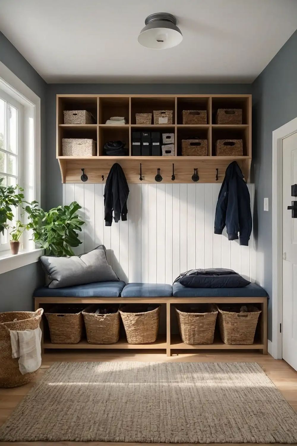 A navy cushioned bench with five baskets under open wood cubbies and hooks